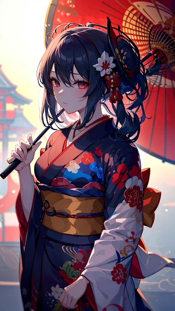 a close up of a woman in a kimono dress holding a red umbrella, japanese kimono, The Detailed Art of the Onmyoji, onmyoji, intricate geisha kimono, Traditional geisha costume, red kimono, in kimono, Inspired by Fujiwara Takanobu, Inspired by Sukenori Nishikawa, From the Sengoku period, kimono