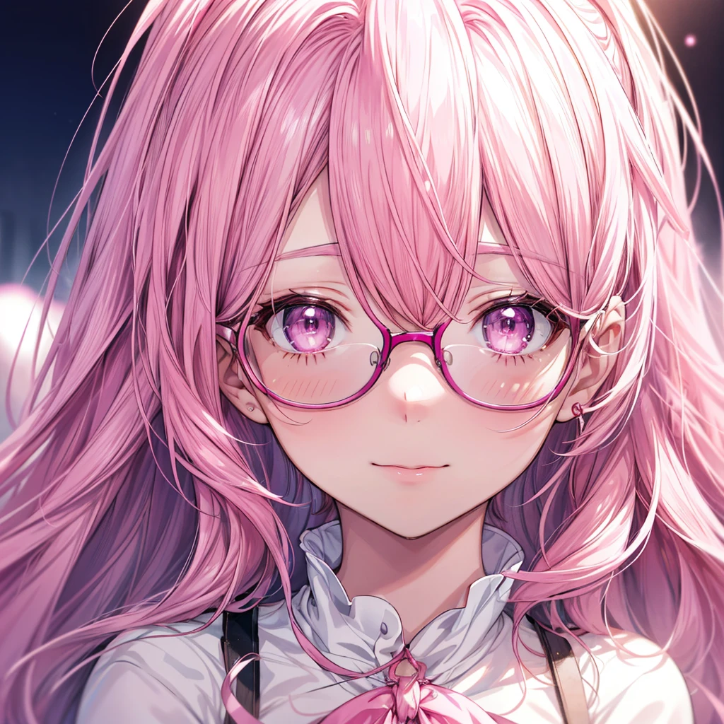 Close-up of a woman with pink hair wearing glasses, artwork in Gubes style, Gubes, Cute realistic portrait, inspired by Seihiko-kun, glowing pink face, pink girl, Beautiful anime portraits, pink glasses, glowing pink eyes, Realistic Anime 3D Style, Yanjun City, Realistic anime art style, ((pink)8K