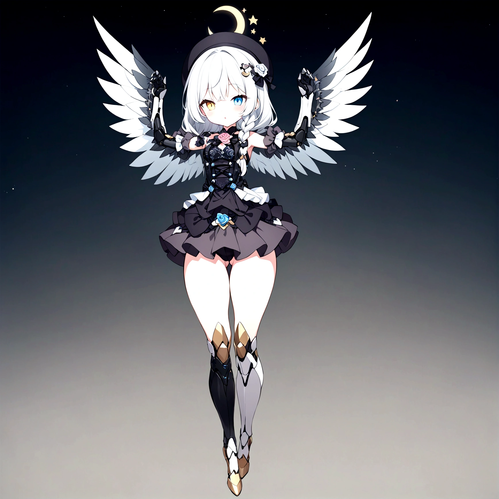 woman 160 cm tall, slim build, . (character design sheet: front view). (Short Wavy Gray Shoulder Length Hair, He has a short braid on the left side of his chest hair. He has large open bangs on the left side of his hair., She has a half-moon barrette on the left side of her hair.). She has a black French beret that has a crystal star brooch. (heterochromia: Green right eye and yellow left eye.). Intricate One Piece Low Waist Thigh Length Dress, He has an elegant black belt on his hip. He has a huge and complex rose brooch in the middle of his chest. It has intricate stilettos. (It has complex mechanical legs that reach up to the thighs.: black with small gray details and metallic finish.). (It has complex mechanical arms up to the elbow and are black with small gray details with a metallic finish..). He has complex mechanical angel wings on his back that are light blue and white with black patterns.. Beautiful extremely detailed wings.. beautiful detailed hair, beautiful detailed dress. extremely detailed arms. extremely detailed face, small face, Beautiful detailed eyes, beautiful detailed lips. adorable. extremely detailed legs. (Best Quality, 4k, 8k, high resolution), ultra detailed, Exquisite and epic character art.