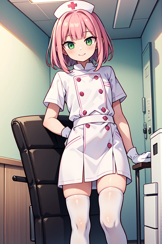 1boy, solo, male focus, nurse, white nurse cap, white nurse uniform, ((white legwear, zettai ryouiki)), white gloves, blunt bangs, pink hair, green eyes, drooping eyes, smile, standing, ((hospital room)), sharp outline, short sleeves, shota, 12 years old, best quality, masterpiece