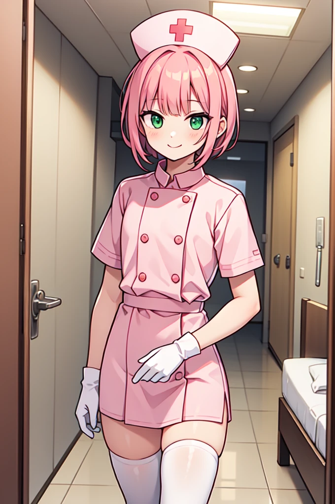 1boy, solo, male focus, nurse, white nurse cap, white nurse uniform, ((white legwear, zettai ryouiki)), white gloves, blunt bangs, pink hair, green eyes, drooping eyes, smile, standing, ((hospital room)), sharp outline, short sleeves, shota, 12 years old, best quality, masterpiece