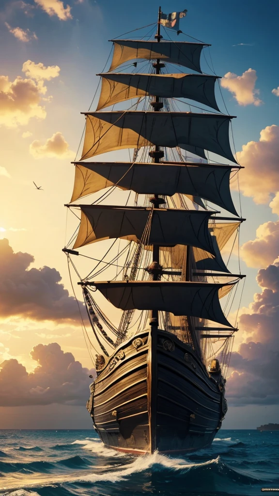 Background image: one piece anime, black and yellow pirate ship, 