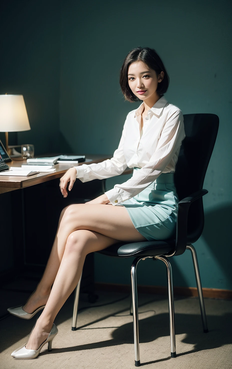 class elite medium age secretary wearing tight metallic green miniskirt, Working in the office、Wearing a white office blouse, naked legs, wearing black open feet heels , short blonde bob haircut , crossed leg's, fit legs,  Raw photo, (8K、top-quality、​masterpiece:1.4)、(intricate detailes:1.4)、(Photorealsitic:1.4)、octane renderings、Complex 3D rendering ultra detail, Studio Soft Light, Rim Lights, vibrant detail, super detailing, realistic skin textures, Detail Face, Beautiful detail eyes, Very detailed CG Unity 16k wallpaper, make - up, (detailedbackground:1.4), tightly crossed legs!!!, full body view sitting on a chair,  one leg up another, view from feet to face, side look!!!!, cross one leg top another , smiling at me, body by side, crossed thigh one over other!, One thigh above another crossed legs!!! Short legs, metallic green tight miniskirt and white offic blouse, side view