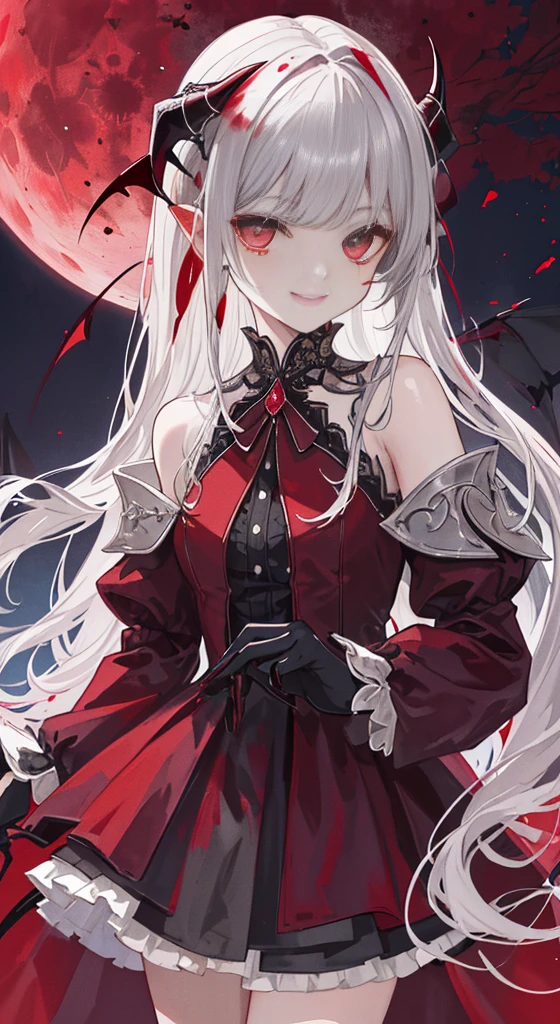 masterpiece: 1.2, Highest quality), (Best lighting, Very delicate and beautiful), (Best lighting, Very delicate and beautiful), (Beautifully detailed face), (Detailed eyes and detailed face: 1.2), Dark fantasy, vampire, (Young girl, Little Beast, One girl, alone, Long Hair, Gray Hair, Cowboy Shot, View your viewers, 、((Grinning smile)),Laughter, ((Yandere)), Blood came out of my face.,,cadaver、(Covered in blood)、Blood splatter、Dark shades、 Red Moon, night , Demon King, city, tooth, Horn, Dark dress, Demons, Devil&#39;s Wings, Pointed Ears, Glowing Eyes, Scythe, Dark atmosphere
