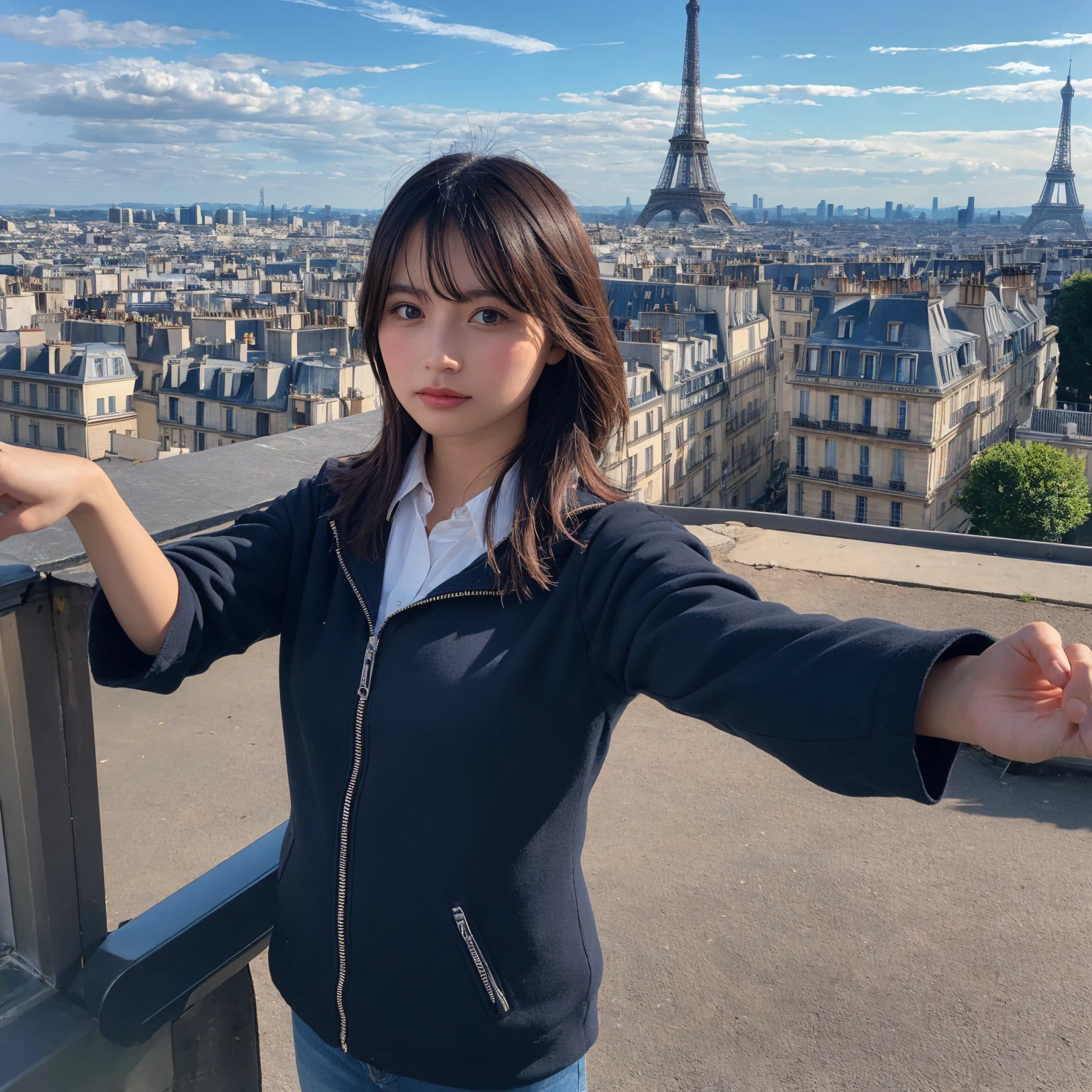 Travel abroad ,woman,Selfie,looking at the camera,Paris cityscape,Eiffel Tower,Highest quality, shape, Very detailed, In detail, High resolution, 8k wallpaper