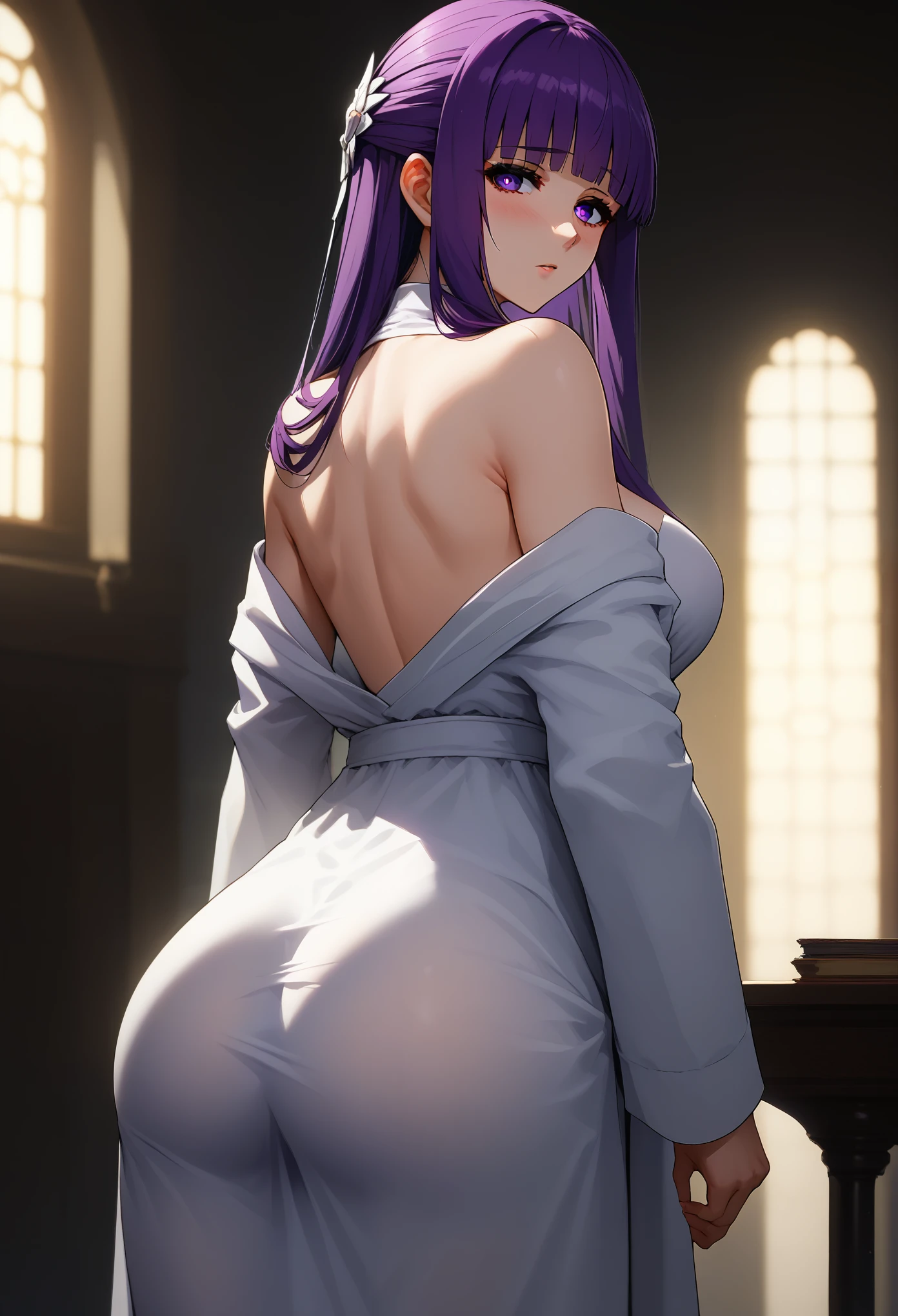 score_9, score_8_up, score_7_up, 1girl, fern \(sousou no frieren\), purple hair, long hair, blunt bangs, half updo, open robe, long dress, looking at viewer, looking back,solo, posing for picture, seductive, perfect lighting, perfect shadows, Blushing, ass, very sexy,high breasts, leaning forward