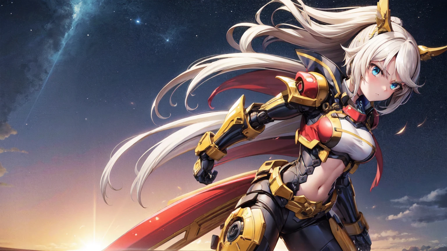 1girl, Tokai Teio, big breast, mecha musume, mechanical wing, serious face,