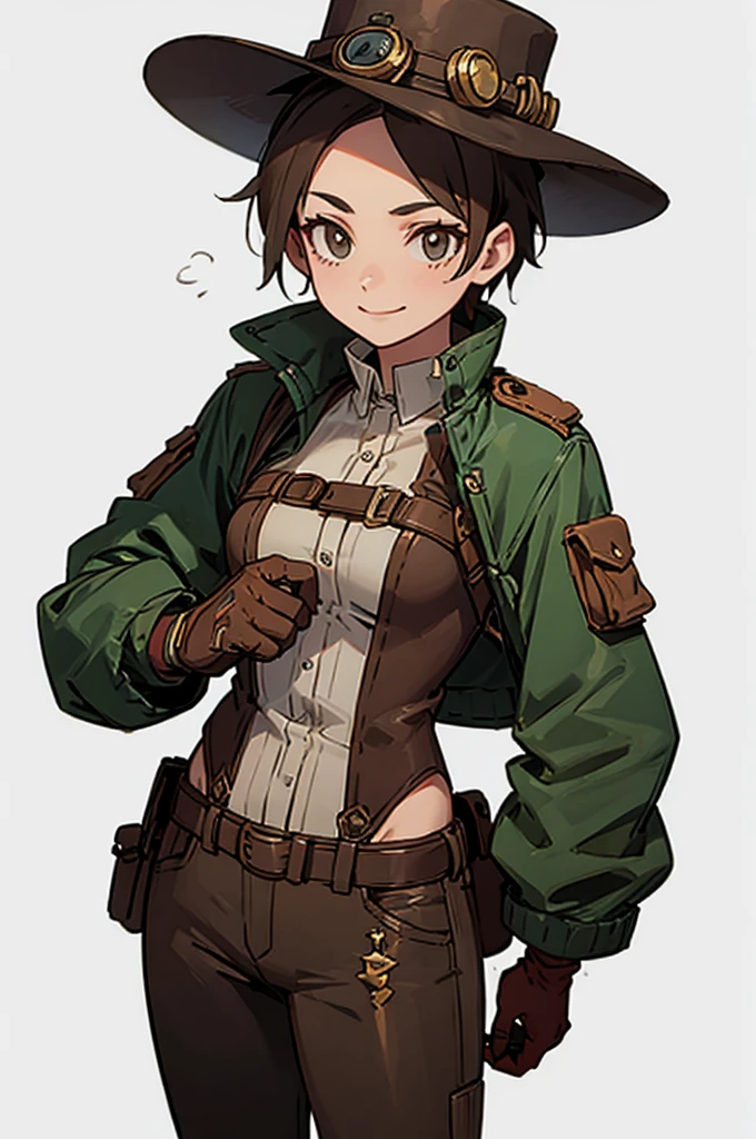 1.steampunk,,Goggles on the forehead,hat,A fake smile,gloves,whole body,boots,pants,White background, woman