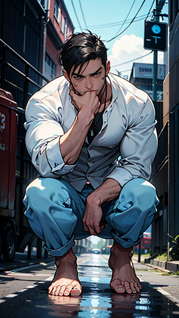 The person is also generated vertically.
Create a highly detailed image of a mysterious and thoughtful male character in a crouching position. The character should have spiky black hair and large, intense eyes. He is dressed in a loose-fitting white shirt and dark pants, with bare feet. The character's pose should convey deep contemplation, with one hand touching his lips and the other resting on the ground for balance. Background is a little horror.