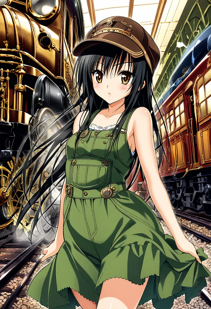 One girl, kotegawa yui, to love-ru,perfect body,black Hair, long Hair, brown eyes,cap,dress,train,
break,A steampunk aesthetic with Victorian-era machinery, brass gears, and an overall retro-futuristic feel."
