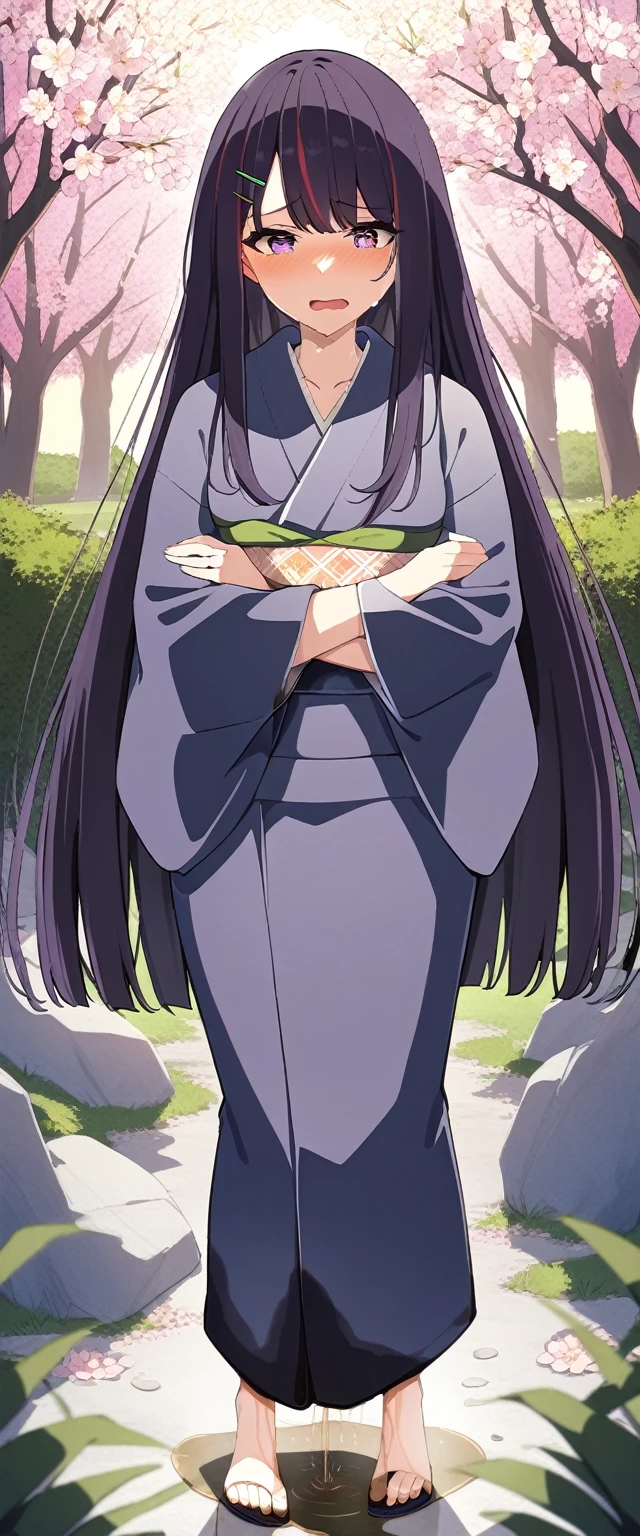 (masterpiece:1.37), best quality, (extremely detailed:1.37), (1girl:1.5), woman, (mature:1.5), (adult:1.5), large breasts, very long hair, (straight hair:1.5), (very dark purple hair:1.5), purple eyes, (extremely detailed eyes:1.37), (kimono:1.5), desperation, (wetting self:1.5), (pee stain:1.5), standing, (crossed arms:1.5), embarrassed, humiliation, blushing, angry, cherry blossoms, garden, (golden hour:1.5), full body