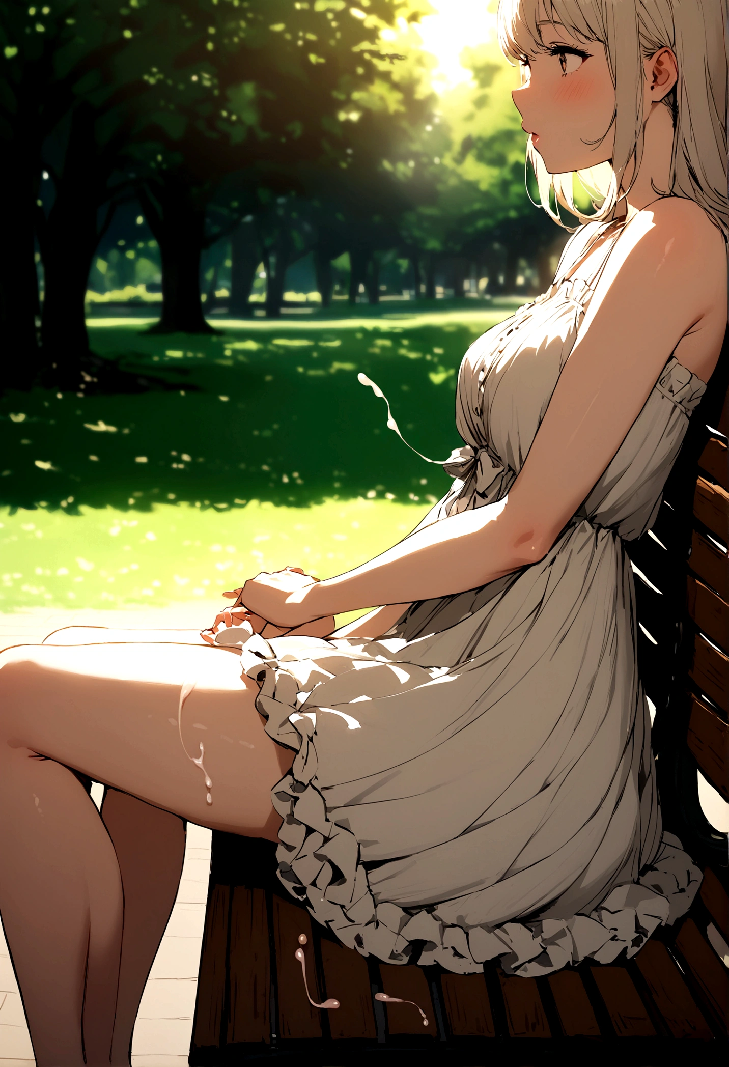 girl in a dress with pussy full of sperm sitting on a bench in the park
