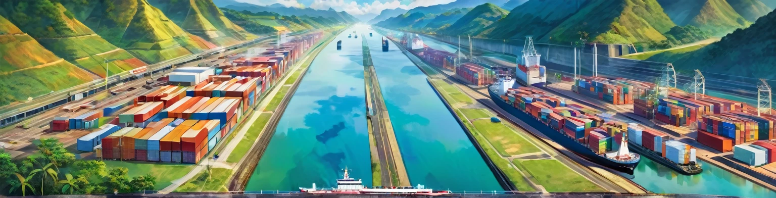 Panama Canal, paint, double exposure, (textura de paint:1.2), (Masterpiece:1.2), Best Quality, (hyperdetailed, more detailed:1.2), high resolution textures, beautiful landscape, Very detailed, very clear, (Panama Canal), vivid colors, HD, multicolor style