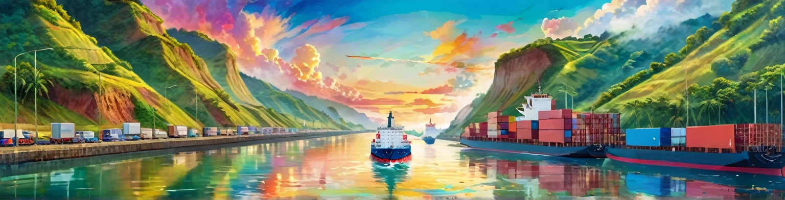 Panama Canal, paint, double exposure, (textura de paint:1.2), (Masterpiece:1.2), Best Quality, (hyperdetailed, more detailed:1.2), high resolution textures, beautiful landscape, Very detailed, very clear, (Panama Canal), vivid colors, HD, multicolor style