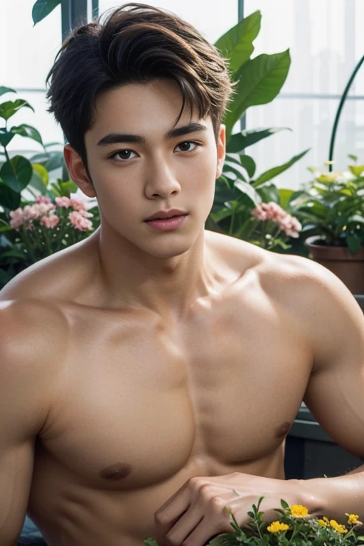 Full body masterpiece, Best quality, realistic、Charming guy、Portrait of a handsome guy、1 guy, Blue eyes、Beautiful detailed eyes、sparkling eyes、flawless face、Perfect eyes,Perfect lips、flawless skin、Beautiful nose、beautiful mouth、short haircut, shaky soft blonde hair, brunette, short hair , flowers in hands , In the flower greenhouse, Portraiture、professional artwork、фотоrealistic、Elegant face、Flawless anatomy、shirtless. naked torso,ideal male body、male model ! Ultra realistic painting、fantastic male beauty !