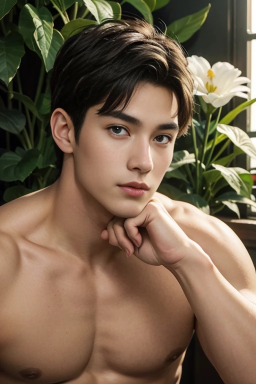 Full body masterpiece, Best quality, realistic、Charming guy、Portrait of a handsome guy、1 guy, Blue eyes、Beautiful detailed eyes、sparkling eyes、flawless face、Perfect eyes,Perfect lips、flawless skin、Beautiful nose、beautiful mouth、short haircut, shaky soft blonde hair, brunette, short hair , flowers in hands , In the flower greenhouse, Portraiture、professional artwork、фотоrealistic、Elegant face、Flawless anatomy、shirtless. naked torso,ideal male body、male model ! Ultra realistic painting、fantastic male beauty !