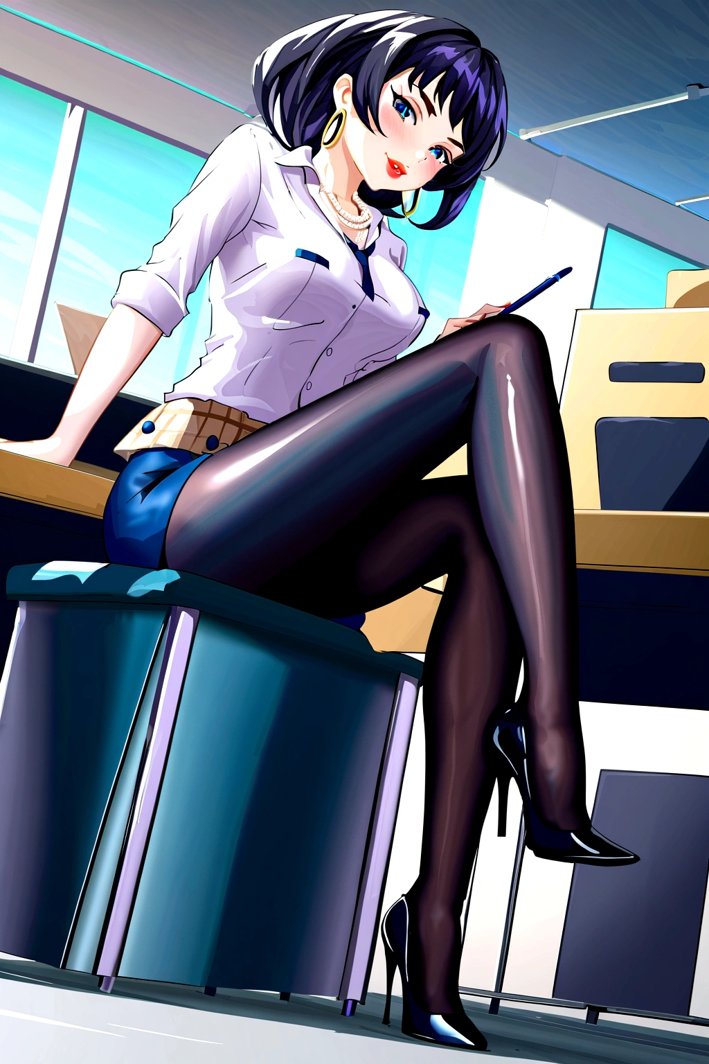 Teacher, (((twirling and playing with her Long_wavy_black_hair_bangs))), (((dark hair looks like 20 yr old Bettie Paige))), brown pantyhose, (brown_Blazer uniform_brown, school shirt, Burberry plaid_skirt, tie_black, must wear brown pantyhose tights (open legs, spread legs), up-skirt, sitting (((legs are crossed, skirt is lifted, pantyhose butt is exposed out of bottom of skirt))), (((legs crossed in sexy brown high gloss sheer pantyhose, grabbing hem of her skirt and lifting, skirt lift, pointy Christian Louboutin high heels (((shoe dangle, high heel dangles from the top of her foot))), Sexy model wearing a skimpy preppy outfit, with big hoop earrings, a pearl (large pearls) necklace, sheer tan (light brown) high gloss pantyhose, and Christian Louboutin (pointy black, shoe dangle), (((she sits on top of her desk with her legs crossed dangling her high heel shoe from her foot))) high heel hangs off foot like image, setting: rich hardwood floor, classroom, blackboard with chalk writing in background