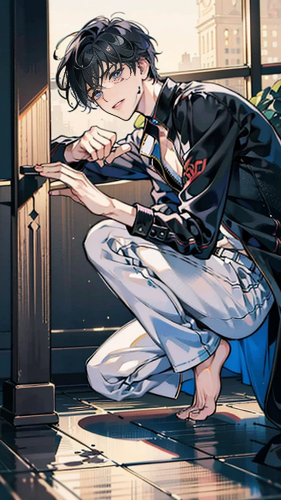The person is also generated vertically.
Create a highly detailed image of a mysterious and thoughtful male character in a crouching position. The character should have spiky black hair and large, intense eyes. He is dressed in a loose-fitting white shirt and dark pants, with bare feet. The character's pose should convey deep contemplation, with one hand touching his lips and the other resting on the ground for balance. Background is a little horror.