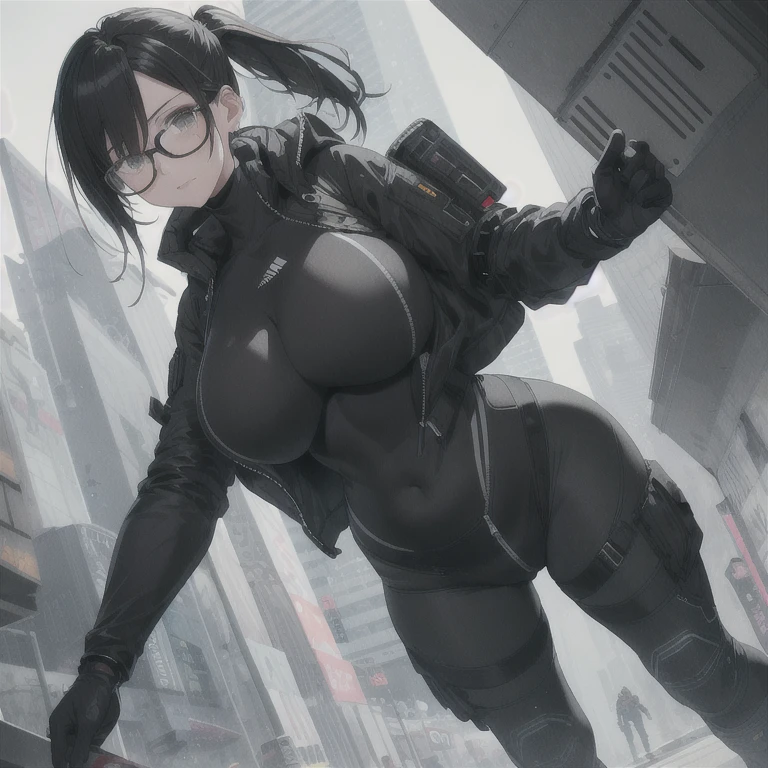 Absurd resolution,high resolution,(masterpiece: 1.4),hyper-detail,fullbody shot,head to toe,full frontal camera perspective,solo,shorter,standing,glasses,kemono feline cat futanari,no skin other than neck and head shown,watertight environmental suit,black hair,messy ponytail,cute face,detailed soft grey luminous eyes,huge massive hyper super swollen heavy milky breasts,breasts so big that cover her whole torso and are bigger than her head while being so big they reach her bellybutton,extremely super large swollen perky heavy bust,super huge enormously gigantic tits,gigantic breasts stretching/straining out of her outfit looking like they are about to burst out,breasts compressed squishing barely contained in outfit,inflated breasts,breast_expansion,super gigantic swollen heavy tits,wide full hips,narrower torso and shoulders,smaller torso,narrower waist,full thicc big soft thighs,thicc big full thighs,big rounded full soft butt,thicc butt,ruggedized utility styled outfit,fully insulated suit,full body outfit coverage with no skin showing or revealed,airtight/watertight zippers and seals,scifi monochrome black and grey fullbody covering protective padding rugged loose-fitted pilot utility suit with strategically placed protective padding,white watertight zipper utility cropped top for breasts support with a black strap horizontal across cleavage worn on top of suit,tactical strategic angular-patterned protective padding on hips and thighs and abdomen,practical/functional clothing,weather-proof durable clothing material,nylon clothing material,custom made clothing to fit and support large breasts,scifi padded rugged rigid high collar cropped cutout fitted techwear jacket,armored high collar,white and black triangular decals and techwear iconography on apparel and clothing,techwear gloves,ruggedized tech,ruggedized tech aesthetic,fitted utility pants,utility chaps,near future scifi,cyberpunk aesthetic,anime aesthetic,tactical aesthetic,nasapunk apparel,death stranding