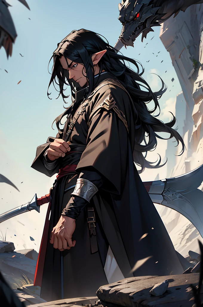 Mature man, long black hair, dark skinned, elf, battle mage outfit, black scythe