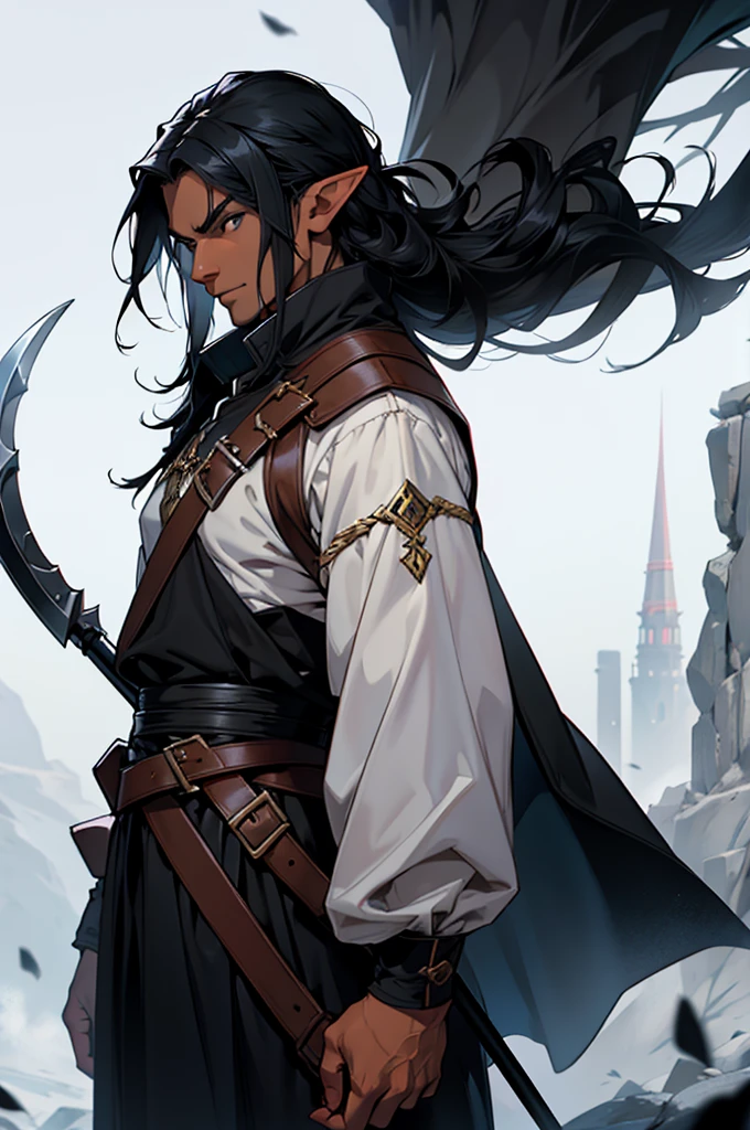 Mature man, long black hair, dark skinned, elf, battle mage outfit, black scythe 