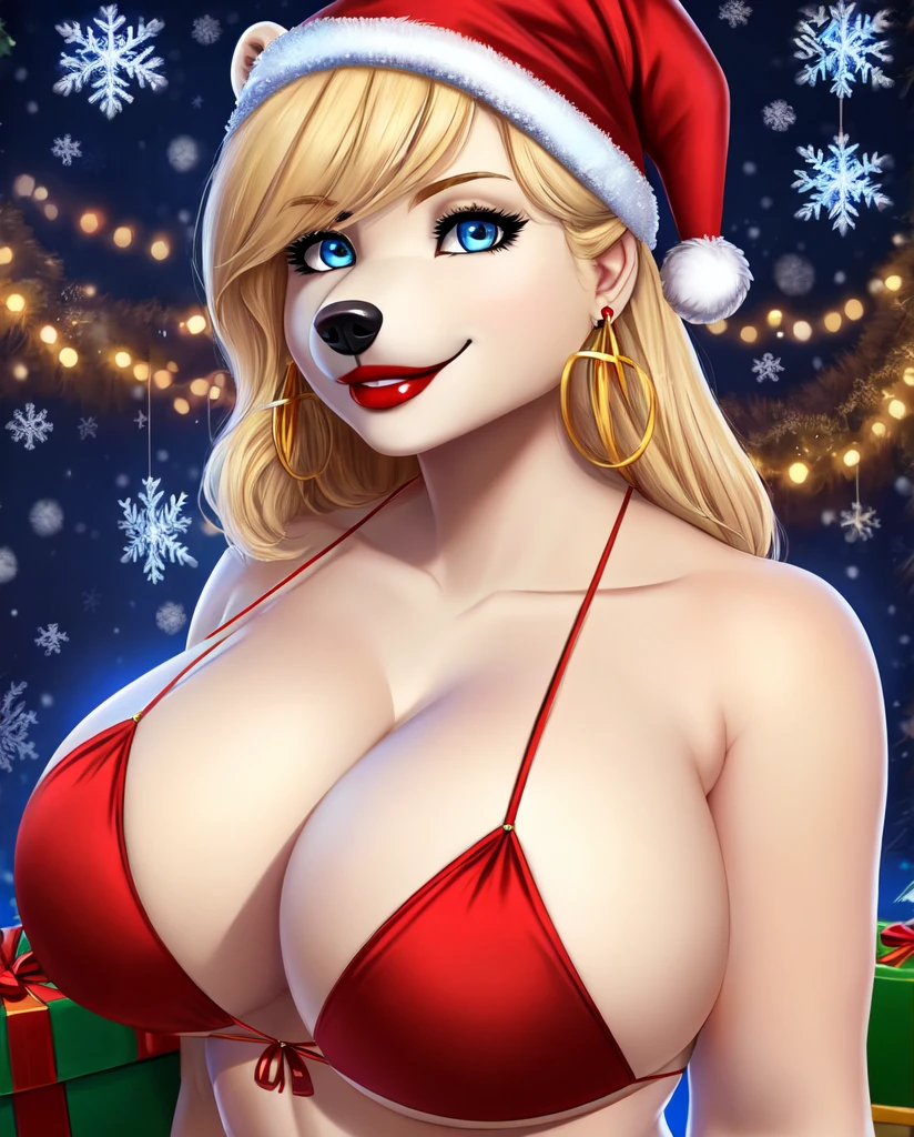 Blonde polar bear woman, wearing a Christmas bikini, perfect face, blue eyes, big breasts, three-quarter view, solo, smile, perfect detailed body, red lipstick, gold earrings