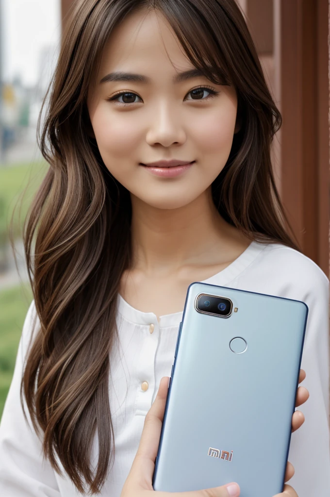 A light brunette girl loves the Xiaomi note 12 brand