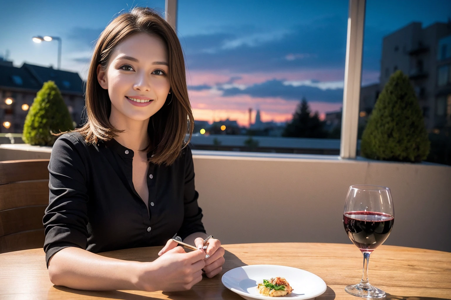 ((Highest quality、8K、masterpiece:1.3))、cute、slimカップル、modelカップル、(Realistic, Intricate details:1.2), full-course dinner、Wine Party、Amazing view of the sunset sky and clouds、A bright smile、The wonderfulness of smile、Bright image、The beauty of wine, Beautiful Face, blue eyes, The light shines on your face, Blushing, short hair,Bright Face、 (Age 37), 41 years old, red wine 、Appetizers、Italian food、Wine bottle、Champagne、sparkling wine、Two beauties、Brown Hair、Shortcuts、Long sleeve shirt、dress、Beautiful woman 1, (slimな顔), (The body is slim), (Brown Hair), (Shortcuts), cheeks turn a little red,Attractive beauty、restaurant, In a prominent place (From the waist up) Nova Frog Style, actress, model, Upper Body, White wine, slim, wine glass, 中央に置かれたwine glass, smile, (smile: 1.15), Beautiful fine grain, Depth f/2,saturation, High Contrast, Strong light and shadow,Moist Body:1.5、3D texture、Delicate eyes、Brown Hair、The hair is very shiny、