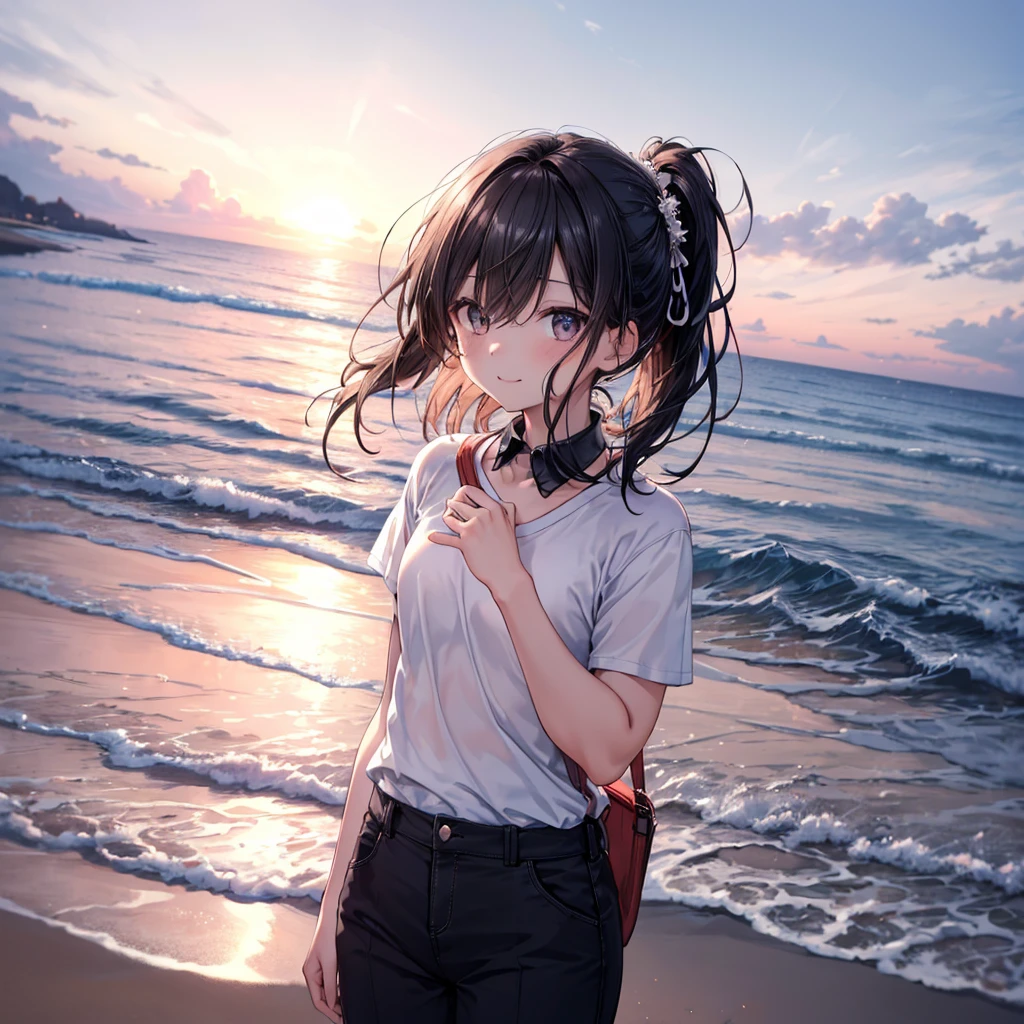 (8K, RAW photograph, Highest quality, masterpiece:1.3),(Genuine,photograph:1.37),(Looking at the audience:1.331),(Black Hair),Pause,Beachfront,Morning view,sunrise,sunny,One girl,Very beautiful face,small,Hands down,Pony Hairstyle,Hair weight,Fluffy hair,Shoulder length,Straight hair,Random representation,Smile with the corners of your mouth,Big eyes,(T-Shirts,Round Collar,Short sleeve,Opaque color,Shirt color),(Wear pants),Mix 4,Hair accessories are not permitted,Highest quality Hair