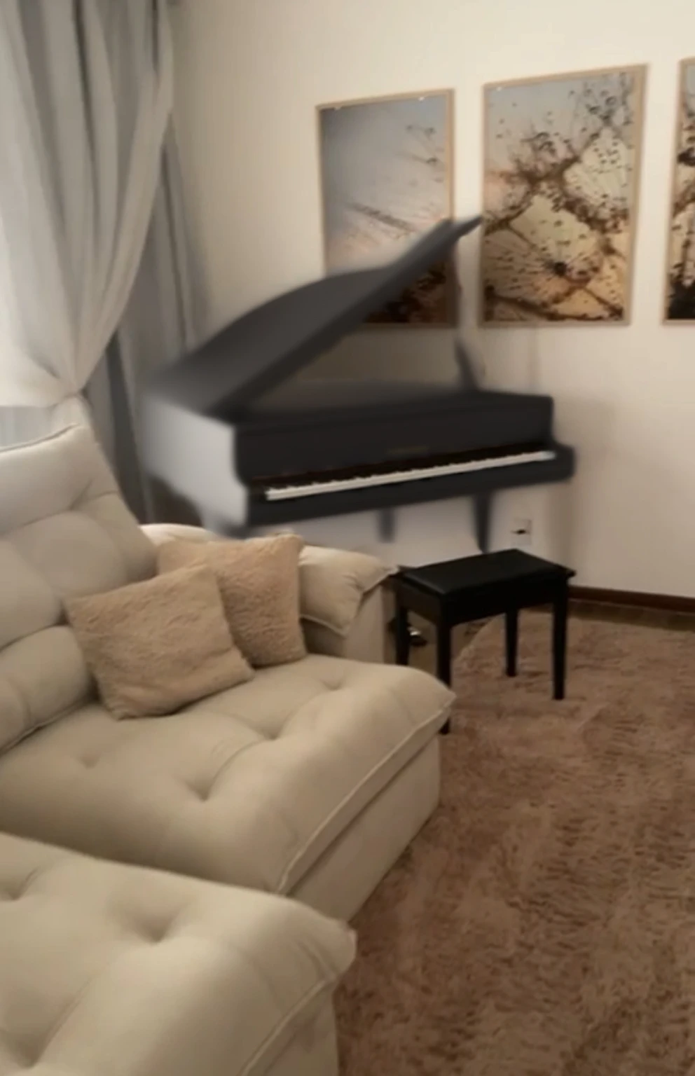 a black grand piano,blzk diamond, chic e rico, chic, refined, untouched, minimalist atmosphere, soft lighting, gold accents, reflective surfaces, chiaroscuro lighting, dramatic shadows, film composition, 8K, photorrealistic, Physically-based rendering, Masterpiece artwork, high qualiy, There is a sofa and, ((nobody) Um fotografia hiper-realista em high qualiy. FUHD+. perfect photo. (((Change only the glossy black color and coverage of the upload image):1.4, photography realistic:1.3, . (((