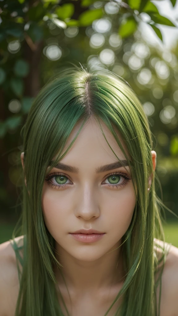 portrait, a beautiful European woman, Oval face, green eyes, green hair, straight hair, charming eyes, normal expression, long green silk dress
