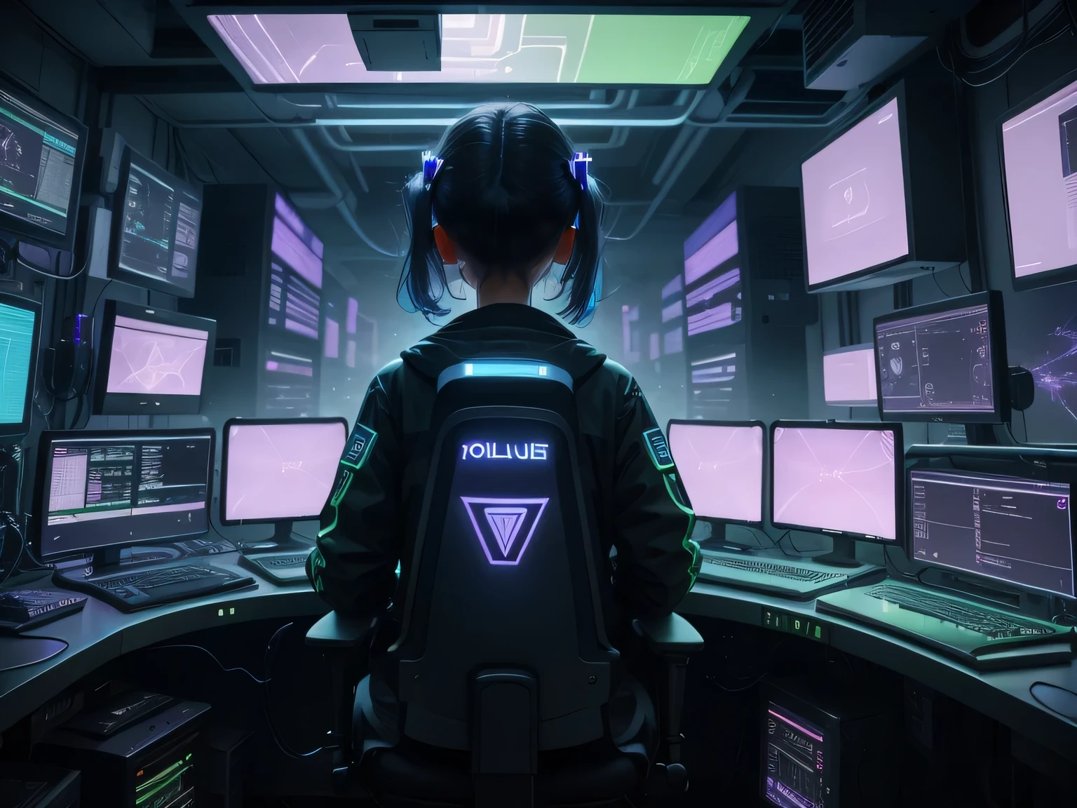 a young girl, 16-year-old works in his home lab surrounded by holographic screens and cables , Through the window you can see a futuristic and dystopian city created with blue tones, violets and greens.