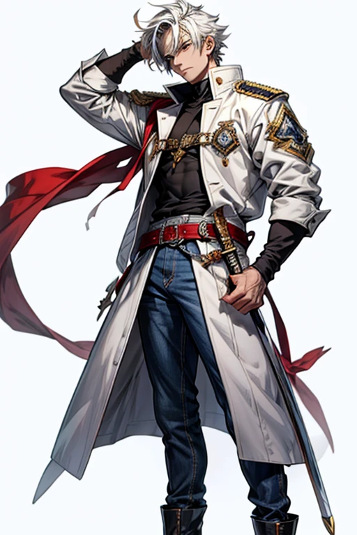 anime, full-body image, male wearing a heaume, pure white background, wearing jeans and trech coat, carrying a sabre
