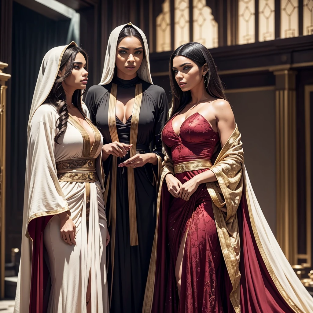 2 beautiful woman, standing face to face, one in a white/gold gedi robe, one beautiful woman in a black/red sith lord costume, 2 women, star wars, hyperrealistic, 8k, highly detailed, photorealistic, dramatic lighting, cinematic composition, intricate costume details, elegant poses, dynamic movement, moody color palette, dramatic shadows, vivid colors, stunning visuals