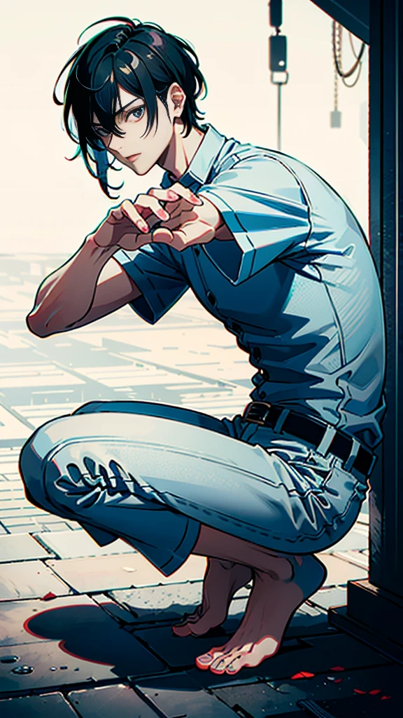 The person is also generated vertically.
Create a highly detailed image of a mysterious and thoughtful male character in a crouching position. The character should have spiky black hair and large, intense eyes. He is dressed in a loose-fitting white shirt and dark pants, with bare feet. The character's pose should convey deep contemplation, with one hand touching his lips and the other resting on the ground for balance. Background is a little horror.