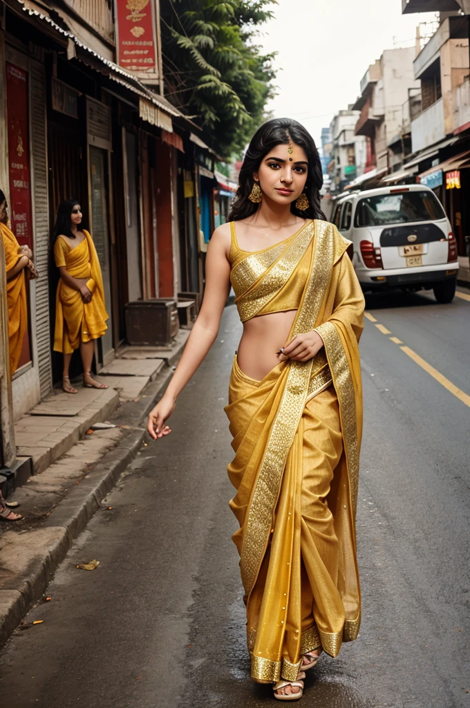 Chudy girl in golden sari background streat road