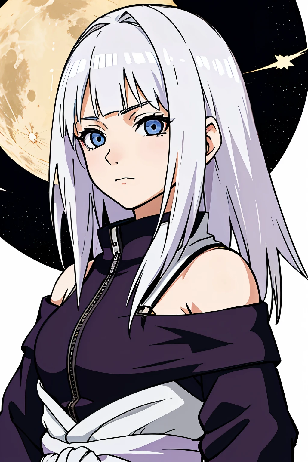 (high-quality, breathtaking),(expressive eyes, perfect face) portrait, Symmetrical Eyes, 1girl, solo, white hair, white coloured eyes, anime naruto art style, medium length hair, fluffy hair, feminine face, sky background, moon, open field background, stars, trees, hyuga, Ōtsutsuki, naruto ninja attire, neutral expression, soft smile, purple and black clothing, white trim, long sleeves, white dress, hair between eyes, bare shoulders, jacket, night time
