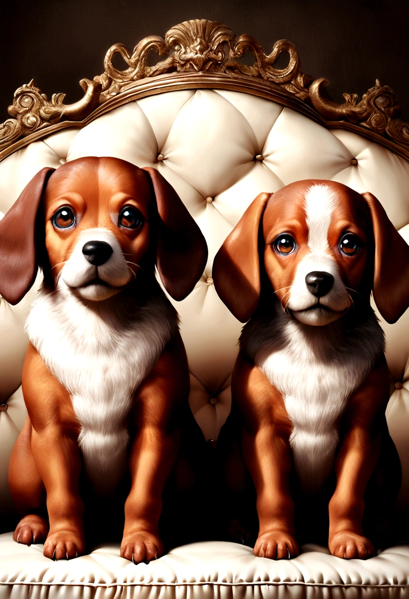 Miniature Dachshund，Sit on a home sofa，Looking into the camera，Cream，Large ears，Fluffy fur，Realistic texture，Small dogs，2