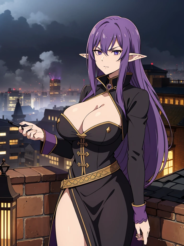 night,steampunk city,fatory,fog,smoke,on top of a roof,1mature woman,serious,black elegant outfit,purple hair,long hair,elf ears,cleavage