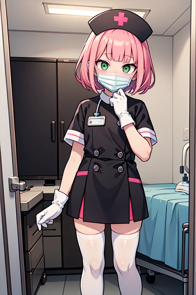 1boy, solo, male focus, nurse, white nurse cap, white nurse uniform, ((white legwear, zettai ryouiki)), white gloves, blunt bangs, pink hair, green eyes, drooping eyes, ((white surgical mask, covered nose)), standing, ((hospital room)), sharp outline, short sleeves, shota, , best quality, masterpiece