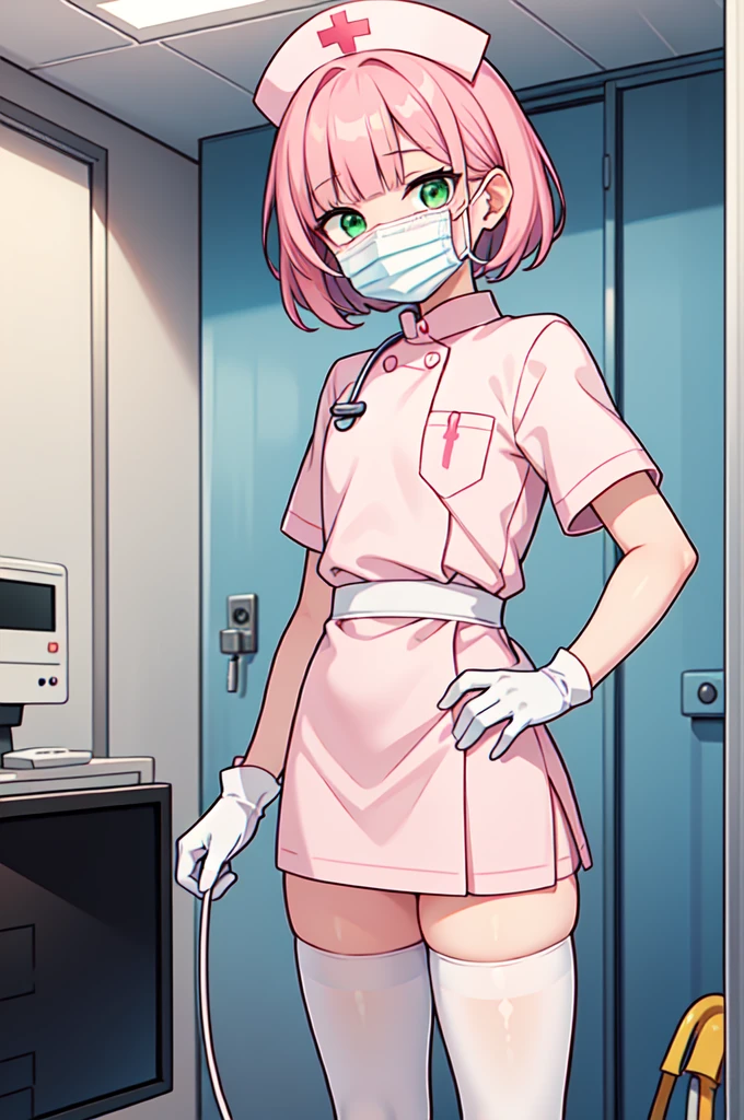 1boy, solo, male focus, nurse, white nurse cap, white nurse uniform, ((white legwear, zettai ryouiki)), white gloves, blunt bangs, pink hair, green eyes, drooping eyes, ((white surgical mask, covered nose)), standing, ((hospital room)), sharp outline, short sleeves, shota, 12 years old, best quality, masterpiece