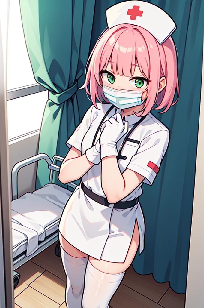 1boy, solo, male focus, nurse, white nurse cap, white nurse uniform, ((white legwear, zettai ryouiki)), white gloves, blunt bangs, pink hair, green eyes, drooping eyes, ((white surgical mask, covered nose)), standing, ((hospital room)), sharp outline, short sleeves, shota, 12 years old, best quality, masterpiece