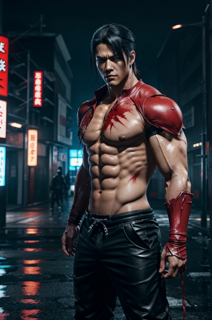 anime character with blood on his chest standing in the rain, as a character in tekken, badass anime 8 k, fighting game character, geto suguru, by jujutsu kaisen , muscular! cyberpunk, handsome japanese demon boy, character from king of fighters, goro from mortal kombat, by Shen Zhou, trendin on artstation, by Liang Kai