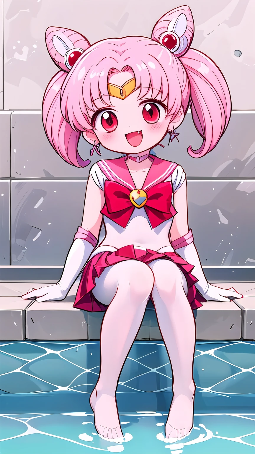 high quality,Sailor Moon,young年,,cute,Metal hairpins,(little girl),(LLoli),Pink Hait hair,(Red hairpin),(Double tail),Sailor Suit,Red bow,White elbow gloves,Red Skirt,(White pantyhose:1.5),(young),(Small),(小Short legs)(No shoes),Sitting,Smile,Open your mouth,Fangs,(Short Legs:2.0),(Short legs),(Thick white tights:1.5) ,(The body is petite:2.0),pool,Foot washing,Foot bath
