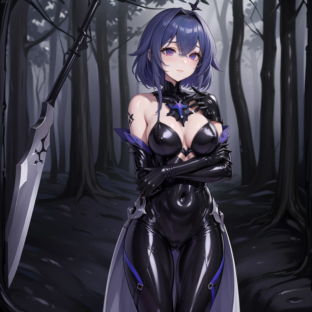 Masterpiece, Beautiful art, professional artist, 8k, art style by sciamano240, Very detailed face, Detailed clothing, detailed fabric, 1 girl, Soul Fullness \(Honkai Impact 3rd\), front view, standing, perfectly drawn body, shy expression, 4k eyes, very detailed eyes, pale skin, beautiful face, short dark blue hair, (shiny black tight bodysuit), black gloves, gloves that cover hands, (holding an ax with the right hand), Sensual Lips , evening de invierno, show details in the eyes, looking at the viewer, Dark road, dark forest, evening, Atmosphere, fog