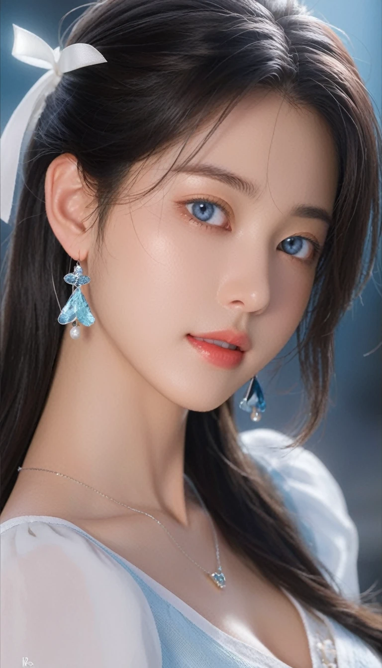 A girl,beautiful girl,Shot from waist to head、,Fine particles, Complete functions, (masterpiece), (best quality), (high quality), Intricate details, earrings, Ray Tracing, (transparent), (Bokeh), (Written border depth), Perfect skin, Happy, Black Hair, (肩より上の長さのBlack Hair),(((Light blue eyes))),