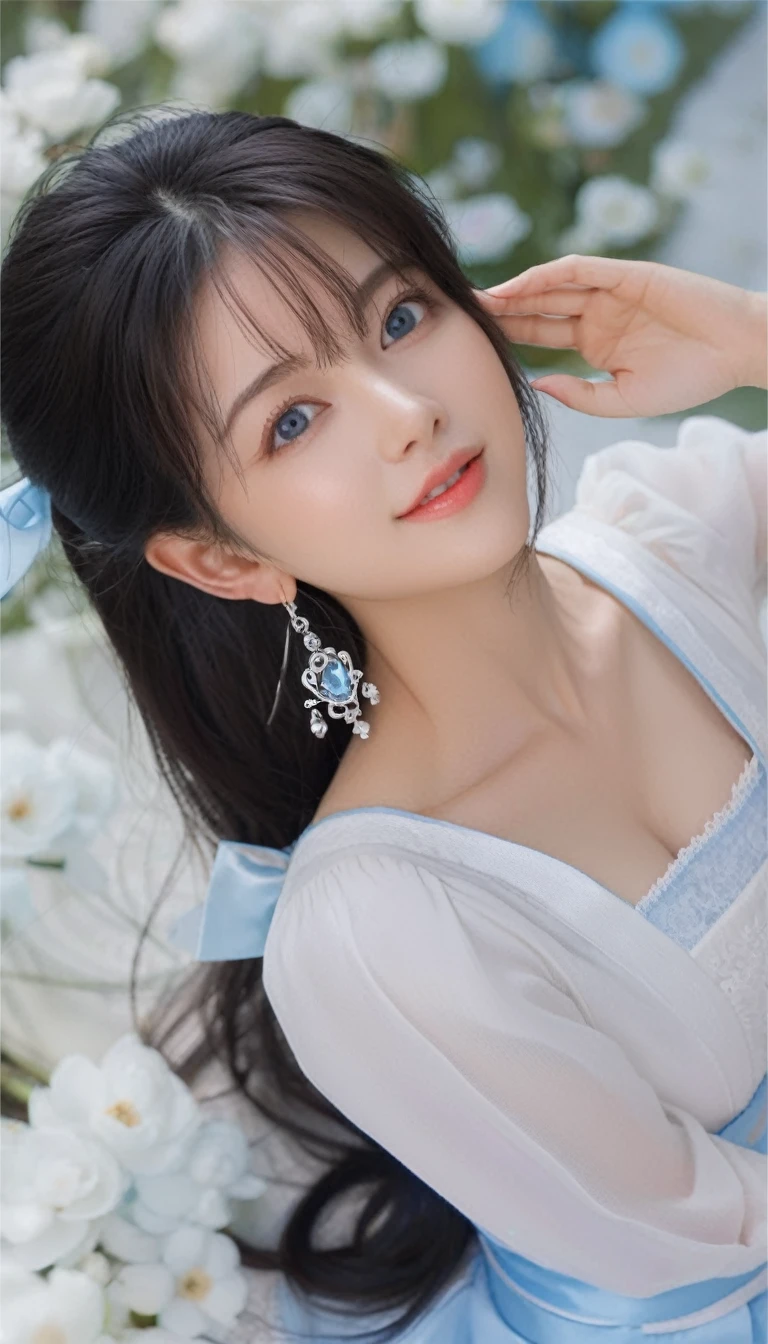 A girl,beautiful girl,Shot from waist to head、,Fine particles, Complete functions, (masterpiece), (best quality), (high quality), Intricate details, earrings, Ray Tracing, (transparent), (Bokeh), (Written border depth), Perfect skin, Happy, Black Hair, (肩より上の長さのBlack Hair),(((Light blue eyes))),