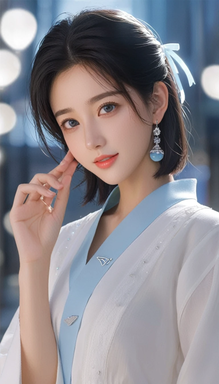 A girl,beautiful girl,Shot from waist to head、,Fine particles, Complete functions, (masterpiece), (best quality), (high quality), Intricate details, earrings, Ray Tracing, (transparent), (Bokeh), (Written border depth), Perfect skin, Happy, Black Hair, (肩より上の長さのBlack Hair),(((Light blue eyes))),
