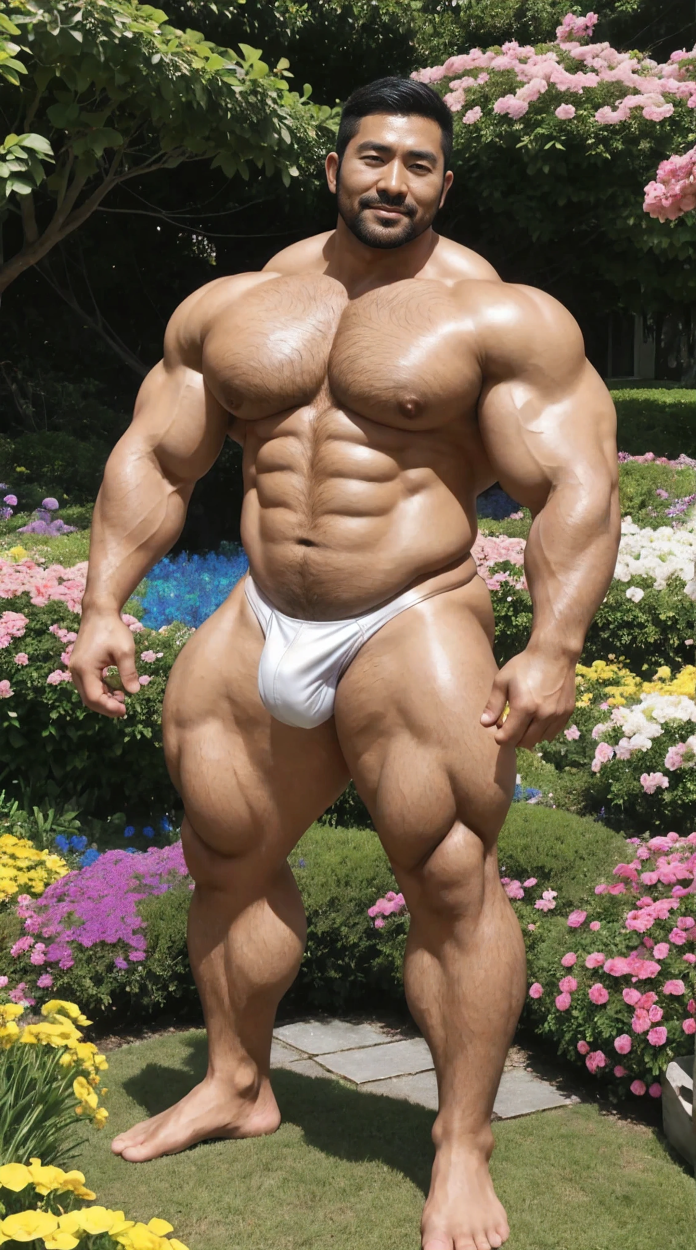 There is only one handsome Asian actor in the photo,35 years old,High target, Fitness,short hair, O-Shaped Beard,Perfect body, Dark skin color,Radiant Skin,Smooth skin,Shiny, shiny skin,Smooth pectoral muscles,No chest hair,No body hair,Muscle bulge, muscular, Very large pectoral muscles,Very sexy abdominal muscles,Very well-developed leg muscles,Huge concave and convex area,Brightens oily skin,Wearing a white leather thong,Handsome face,Normal human toes,Correct and accurate male body proportions,,Standing in the fantasy flowers, charming dream scene, Lots of flowers in the background,Create a mysterious and charming feeling。