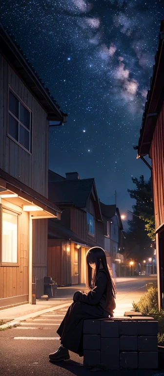 Octane, null, star (null), scenery, starry null, night, One girl, night null, alone, Outdoor, building, cloud, milky way, Sitting,隣りに猫がSitting、 wood, Long Hair, city, silhouette, cityscape